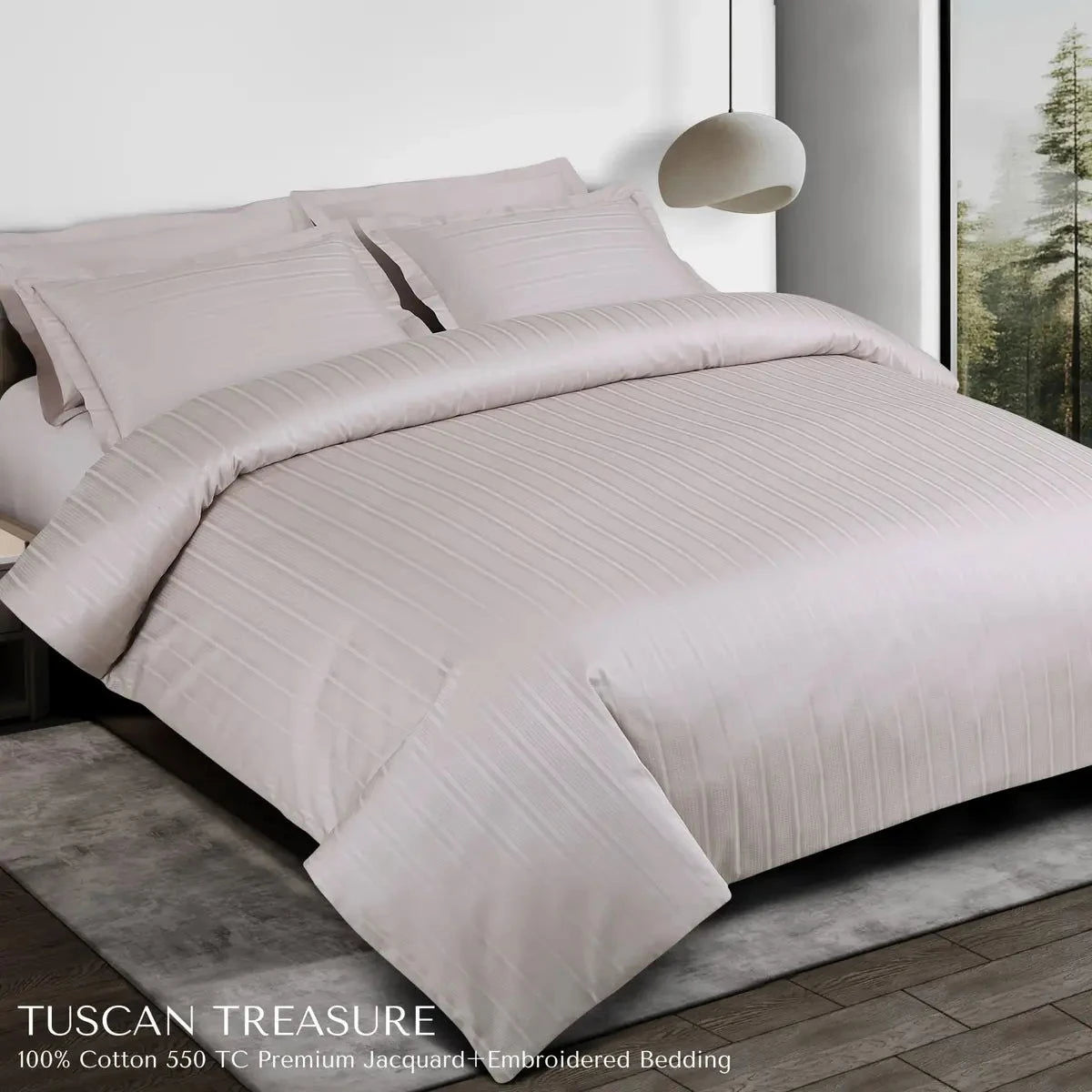 Tuscan Treasure Striped Embroidered Almond Beige King Size Jacquard Bedsheet Set - Pallodstore