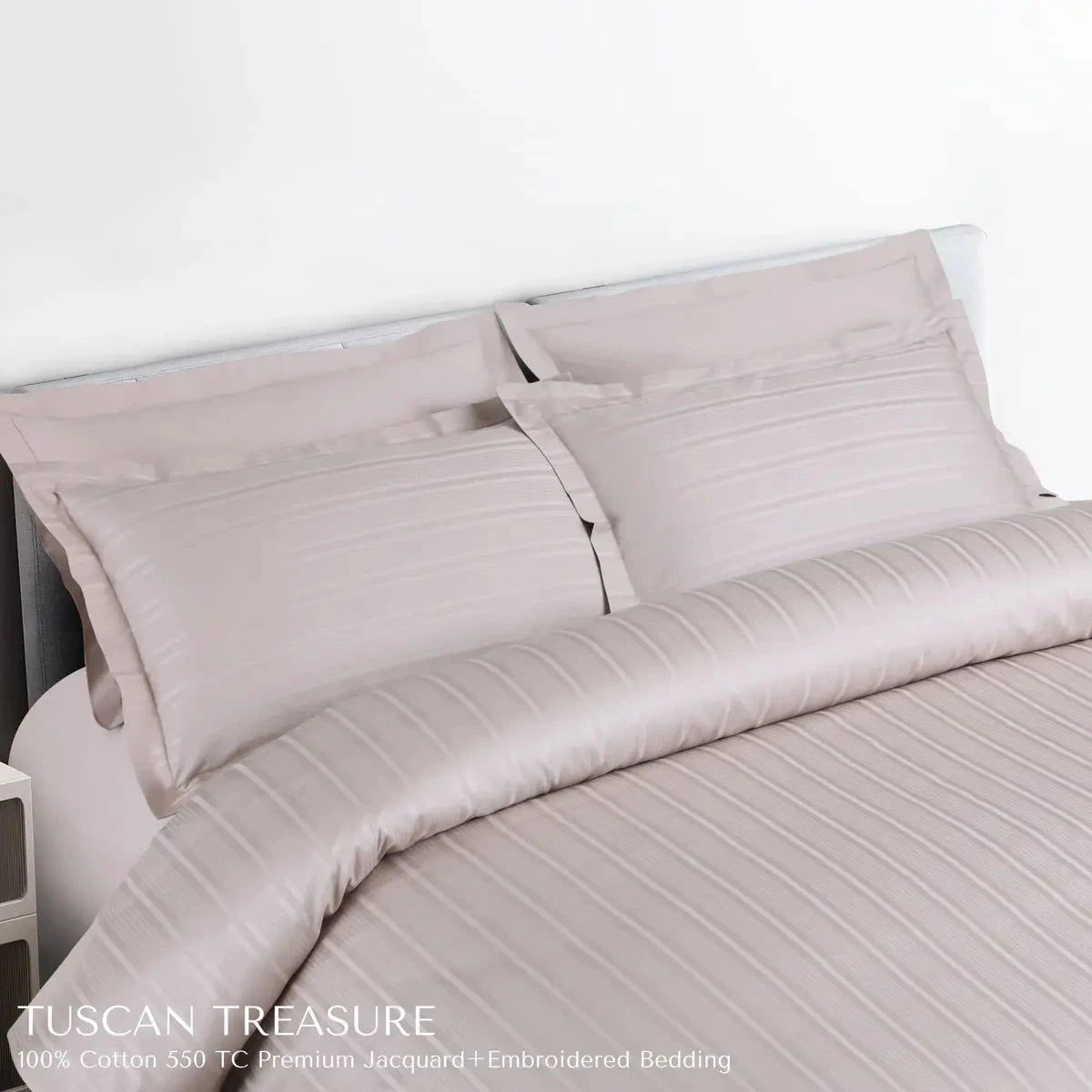 Tuscan Treasure Striped Embroidered Almond Beige King Size Jacquard Bedsheet Set - Pallodstore