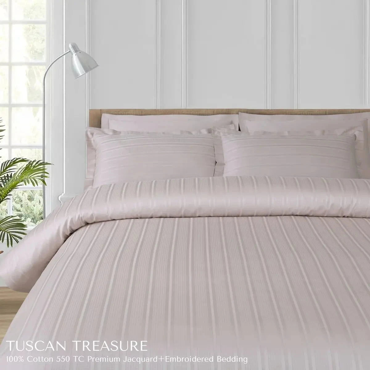 Tuscan Treasure Striped Embroidered Almond Beige King Size Jacquard Bedsheet Set - Pallodstore