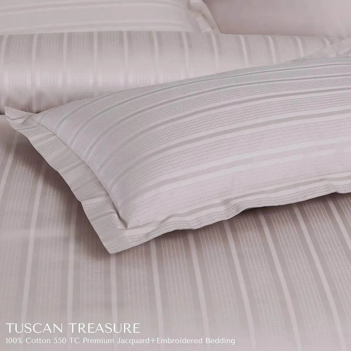 Tuscan Treasure Striped Embroidered Almond Beige King Size Jacquard Bedsheet Set - Pallodstore