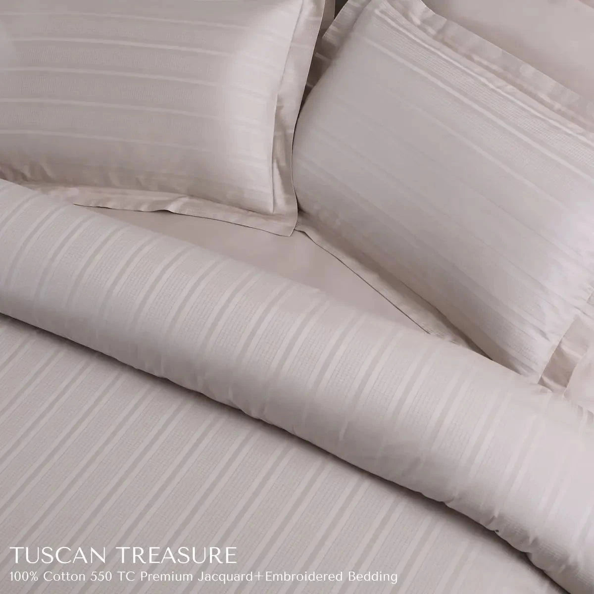 Tuscan Treasure Striped Embroidered Almond Beige King Size Jacquard Bedsheet Set - Pallodstore