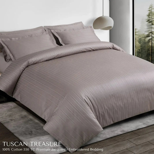 Tuscan Treasure Striped Embroidered Taupe Brown King Size Jacquard Bedsheet Set - Pallodstore