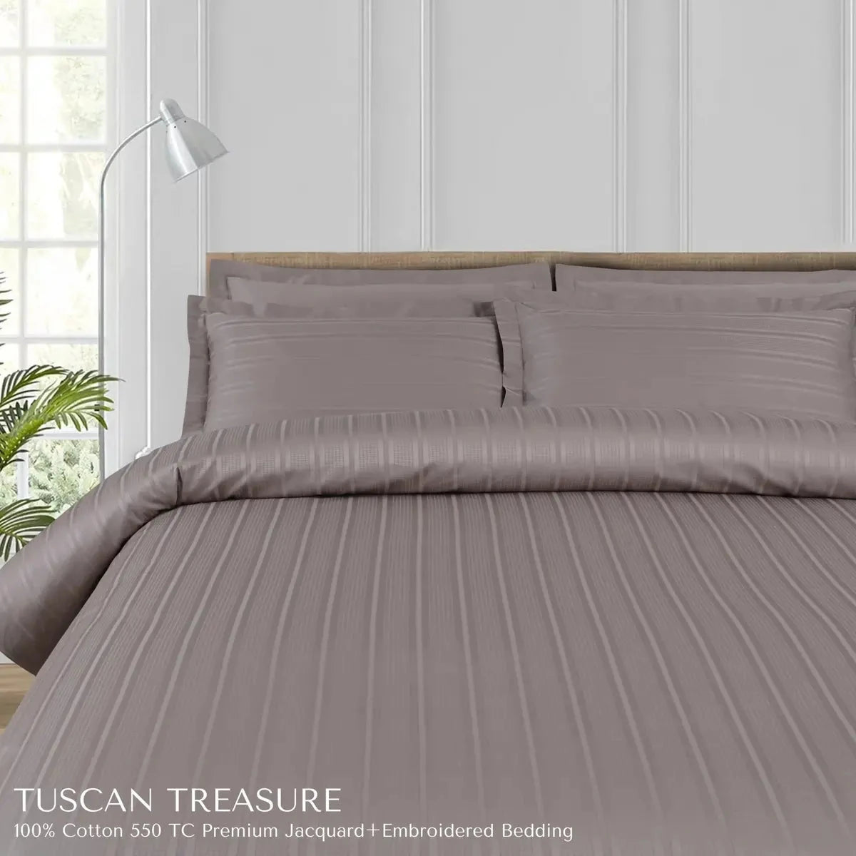 Tuscan Treasure Striped Embroidered Taupe Brown King Size Jacquard Bedsheet Set - Pallodstore
