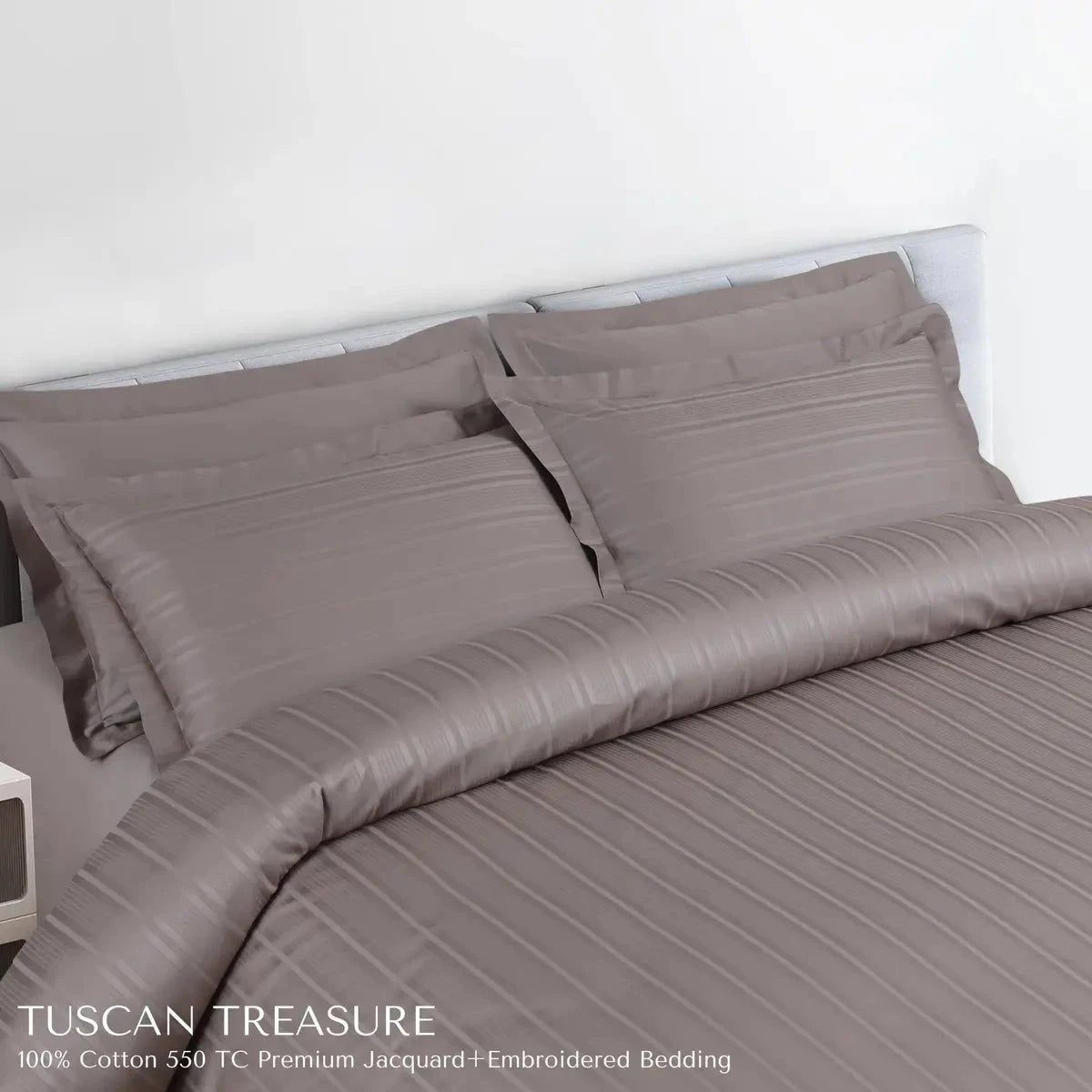 Tuscan Treasure Striped Embroidered Taupe Brown King Size Jacquard Bedsheet Set - Pallodstore