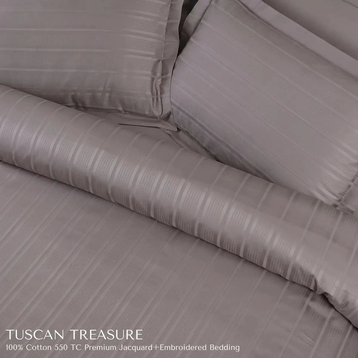 Tuscan Treasure Striped Embroidered Taupe Brown King Size Jacquard Bedsheet Set - Pallodstore