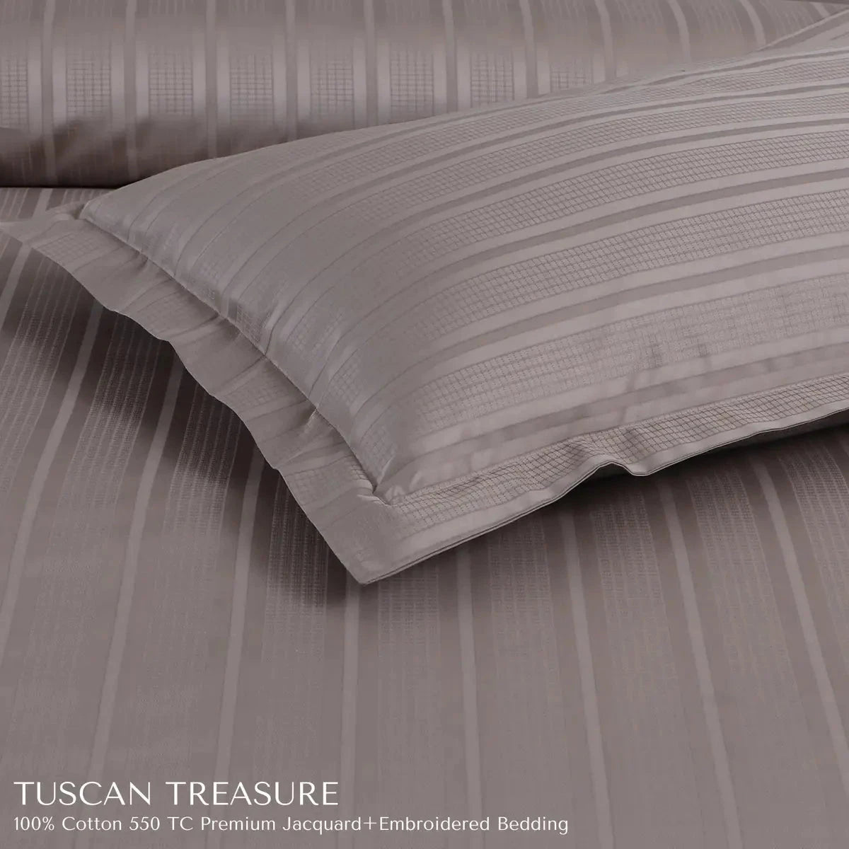 Tuscan Treasure Striped Embroidered Taupe Brown King Size Jacquard Bedsheet Set - Pallodstore