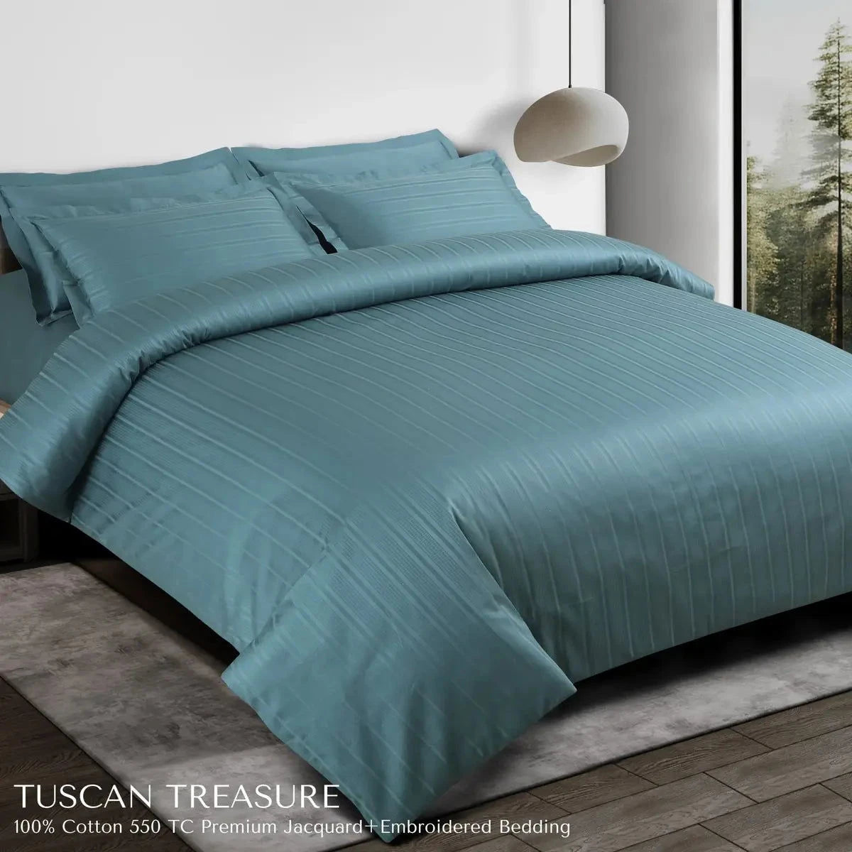 Tuscan Treasure Striped Embroidered Teal Green King Size Jacquard Bedsheet Set - Pallodstore
