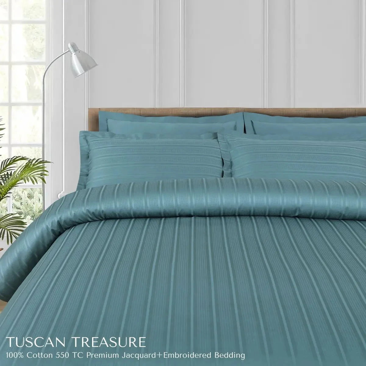 Tuscan Treasure Striped Embroidered Teal Green King Size Jacquard Bedsheet Set - Pallodstore