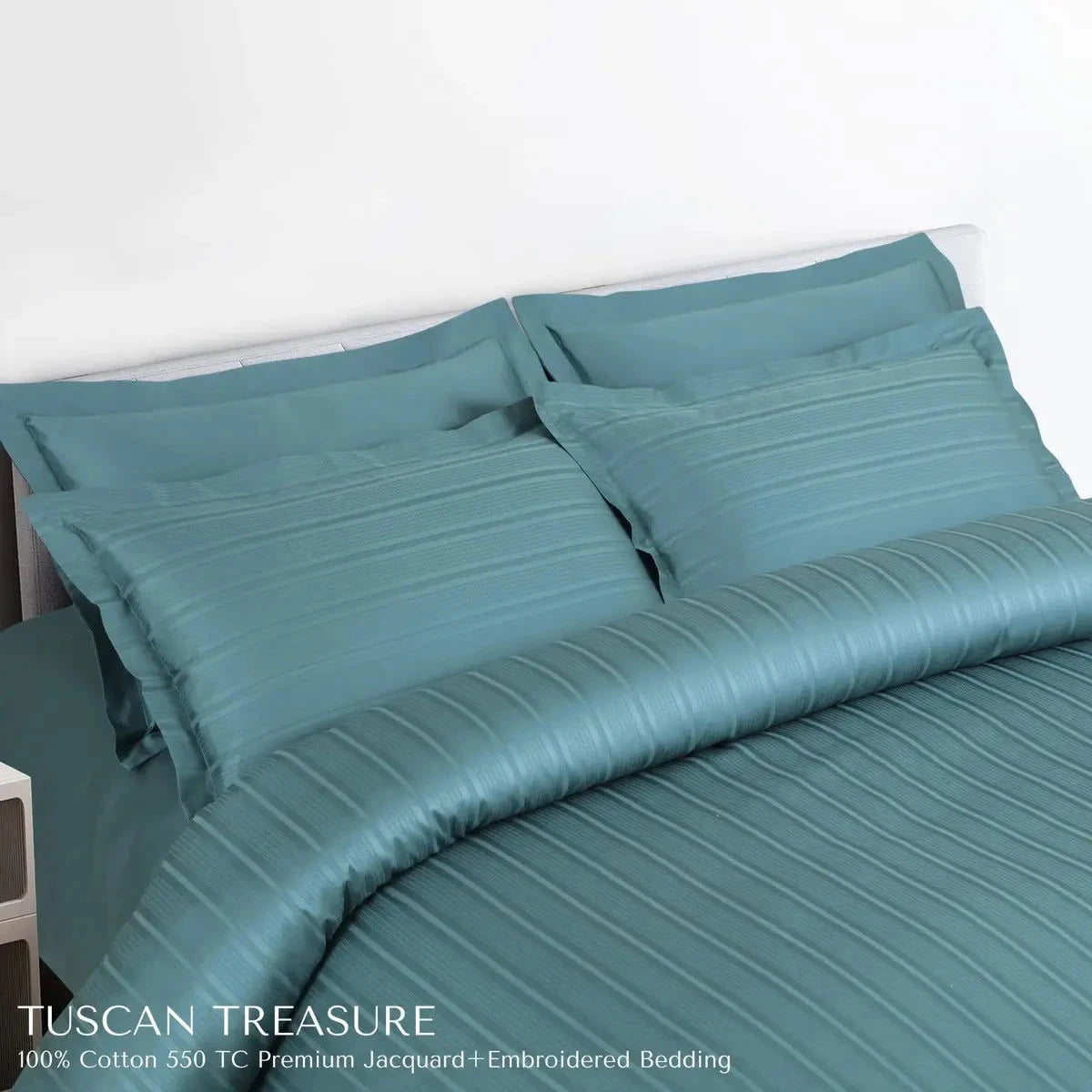 Tuscan Treasure Striped Embroidered Teal Green King Size Jacquard Bedsheet Set - Pallodstore
