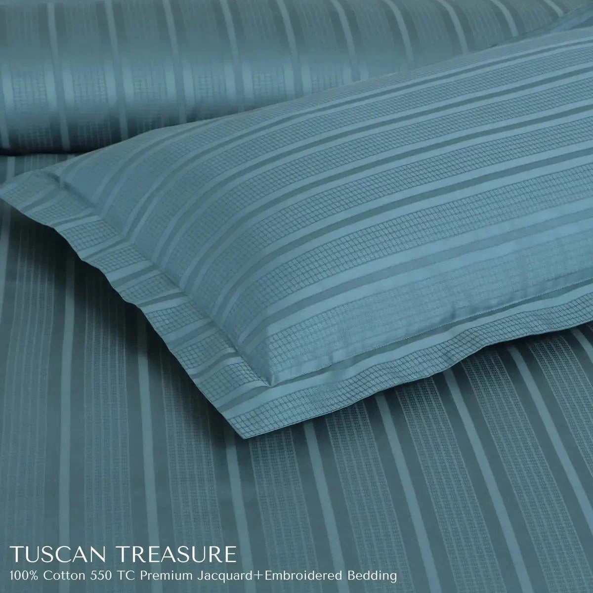 Tuscan Treasure Striped Embroidered Teal Green King Size Jacquard Bedsheet Set - Pallodstore