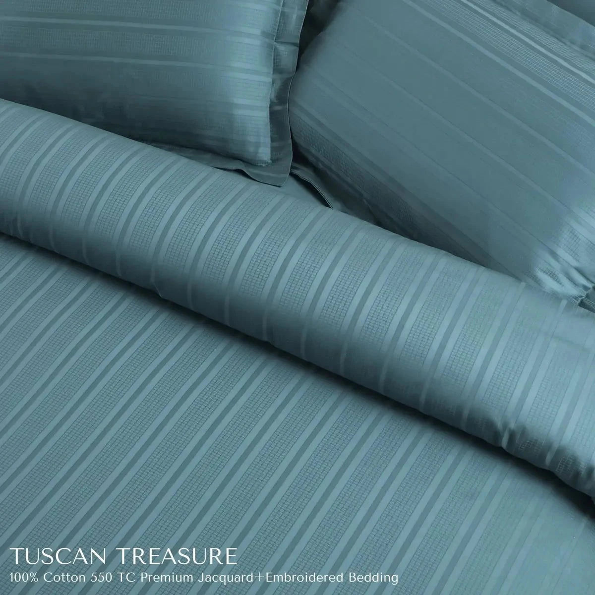 Tuscan Treasure Striped Embroidered Teal Green King Size Jacquard Bedsheet Set - Pallodstore