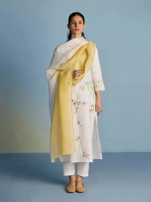 White Hand-Embroidered Linen Kurta Set - Pallodstore