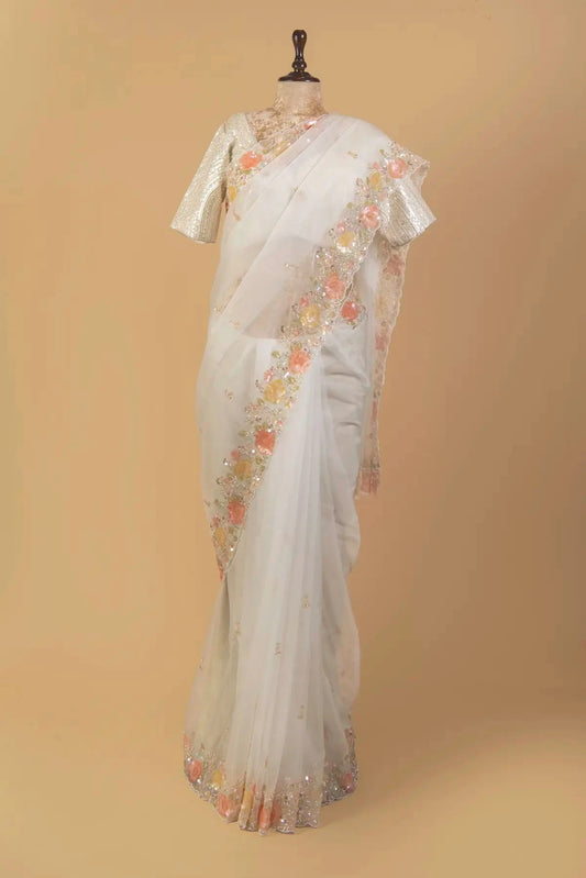 White Organza Embroidered Saree - Pallodstore