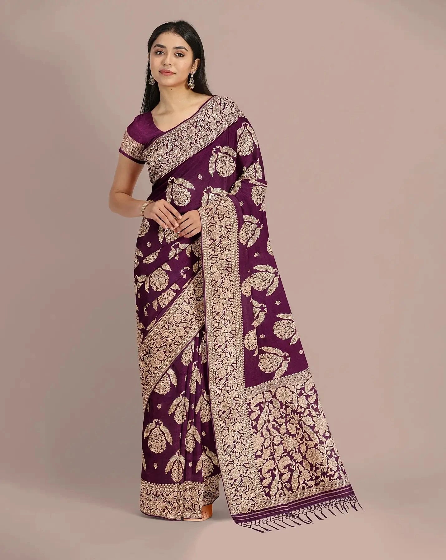 Wine Banarasi Silk Saree - Pallodstore