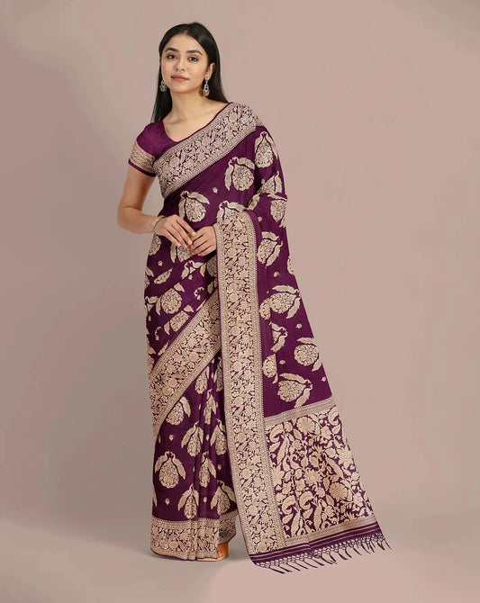 Wine Banarasi Silk Saree - Pallodstore