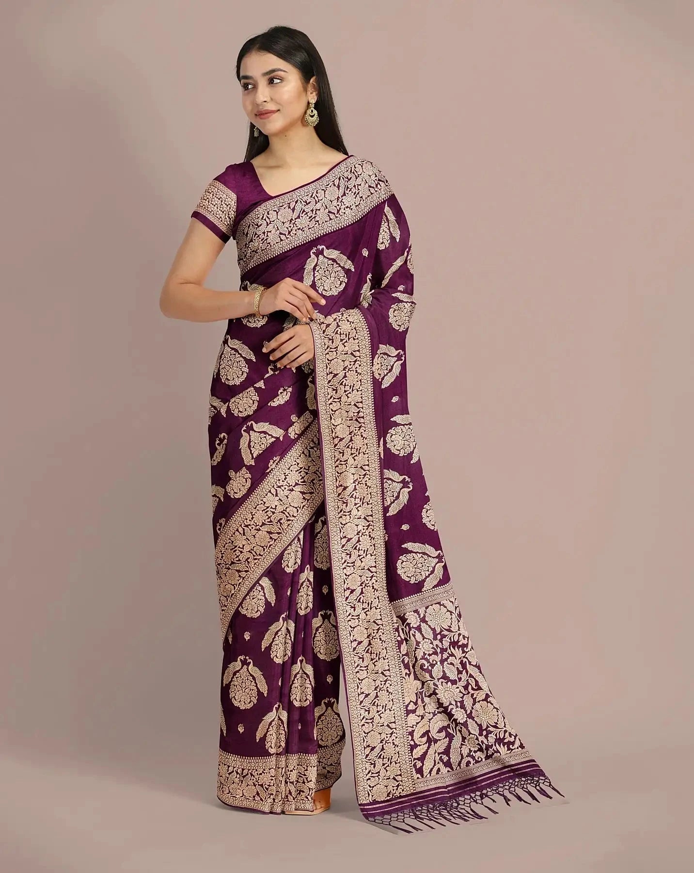 Wine Banarasi Silk Saree - Pallodstore