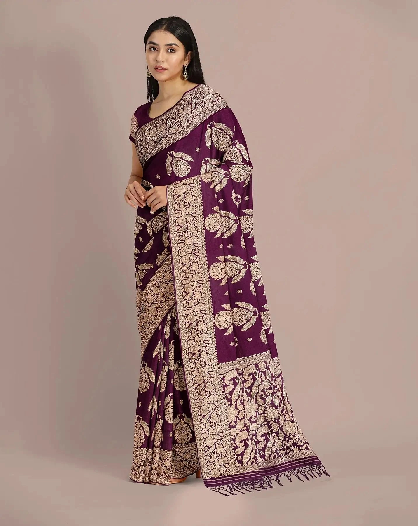 Wine Banarasi Silk Saree - Pallodstore