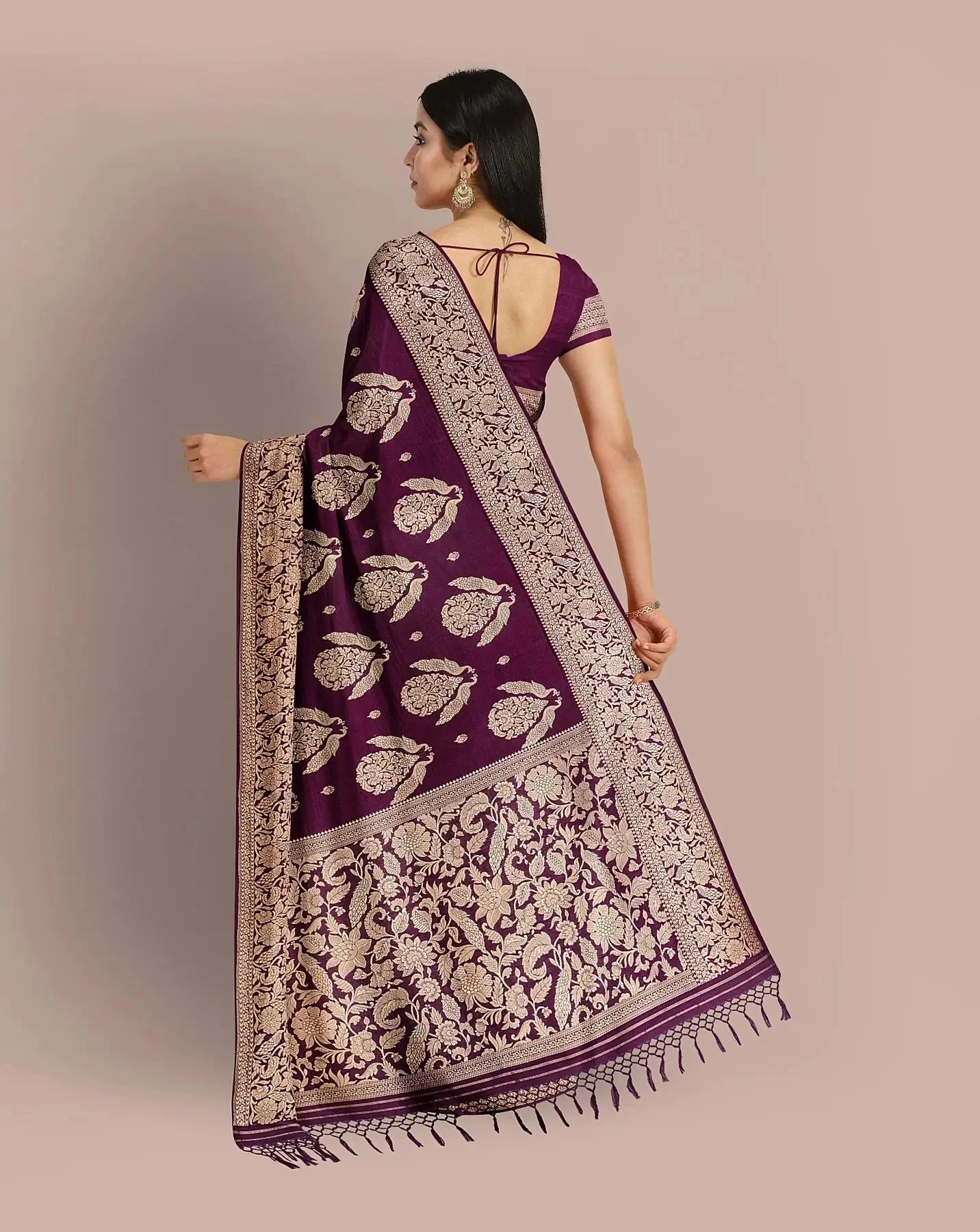 Wine Banarasi Silk Saree - Pallodstore