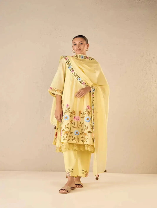 YELLOW FLORAL GARDENIA CHARM EMBRIODERY JAAL KURTA SET - Pallodstore