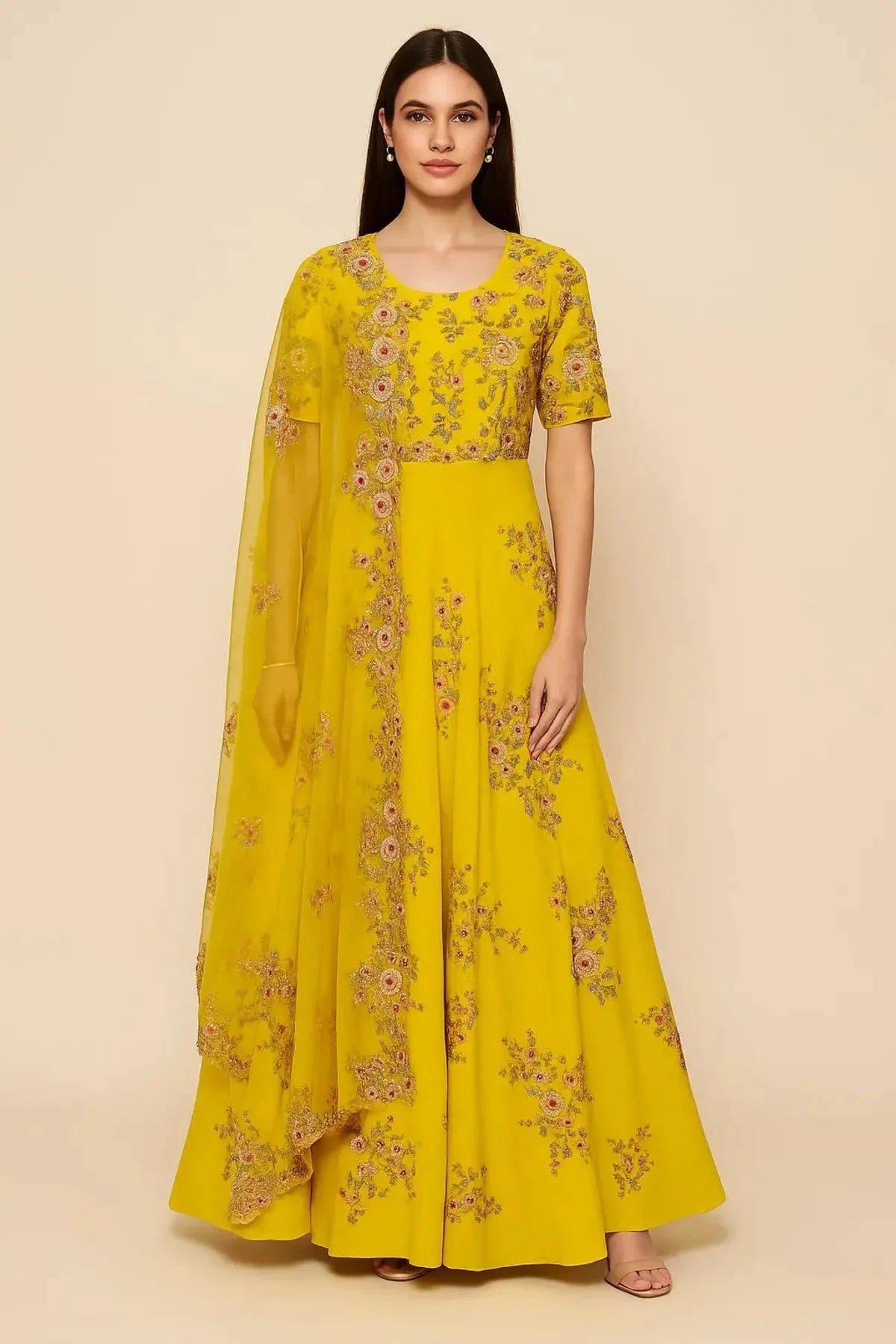 Yellow A Line Anarkali With Dupatta - Pallodstore