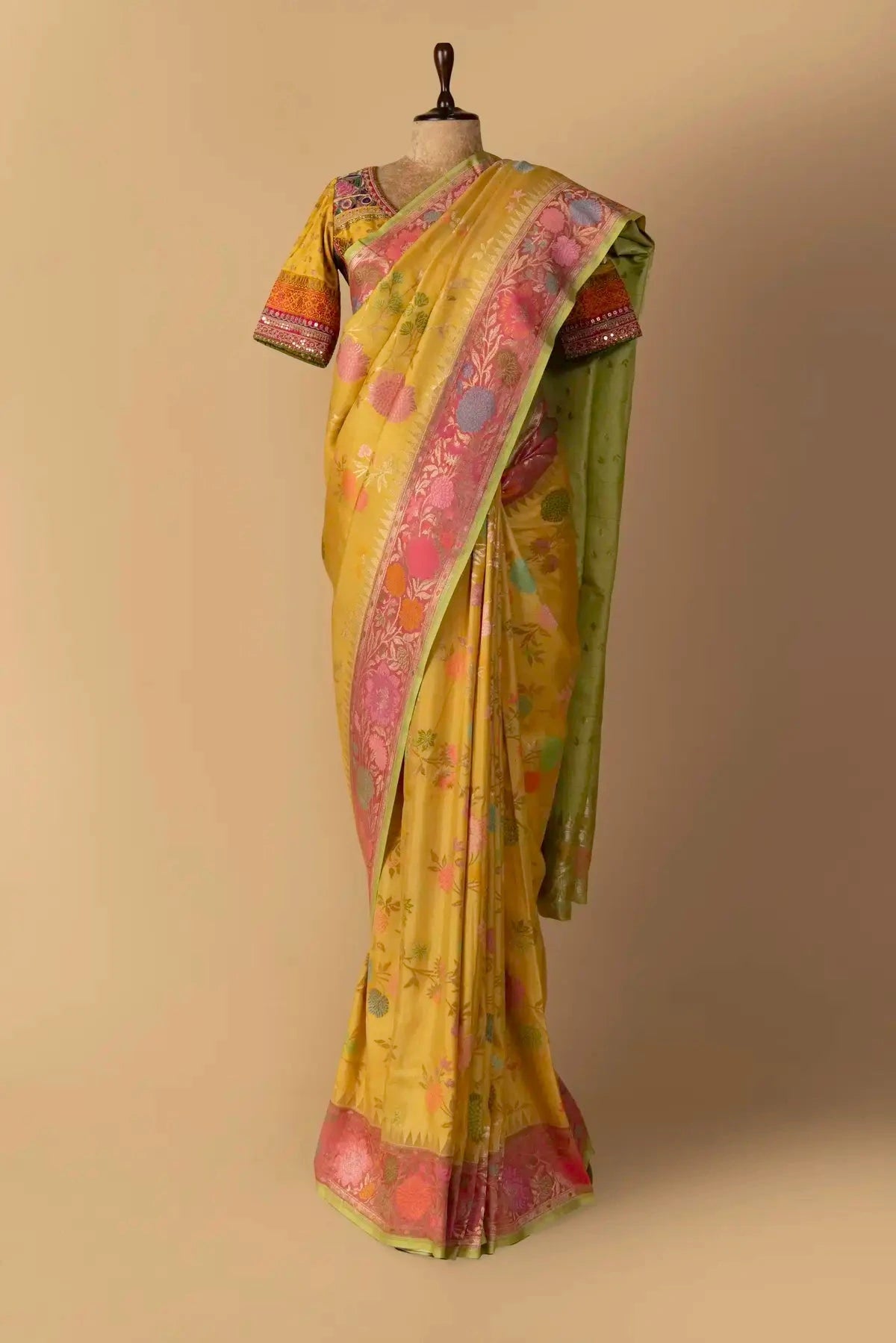 Yellow And Multicolor Tussar Georgette Saree - Pallodstore