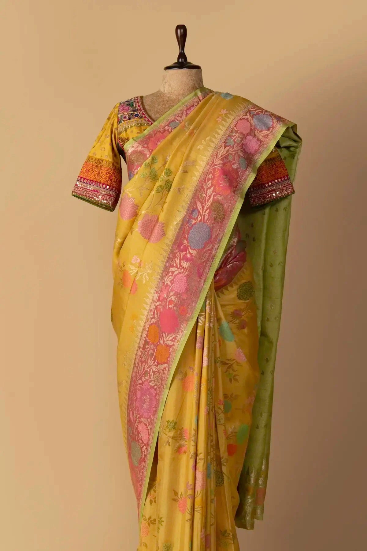 Yellow And Multicolor Tussar Georgette Saree - Pallodstore