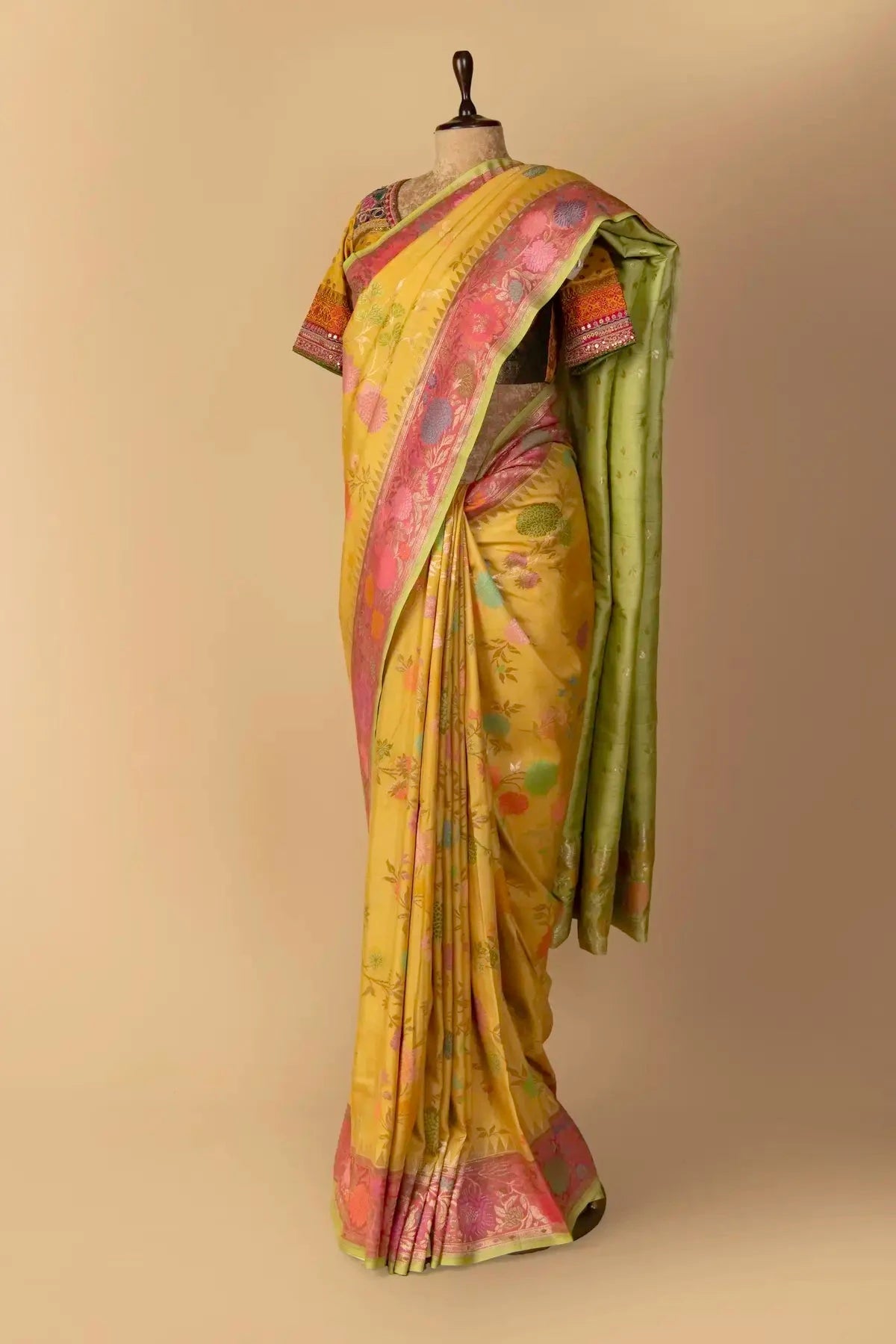 Yellow And Multicolor Tussar Georgette Saree - Pallodstore