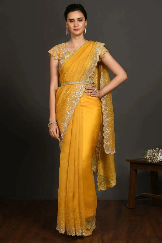Yellow Embriodered Organza Saree - Pallodstore