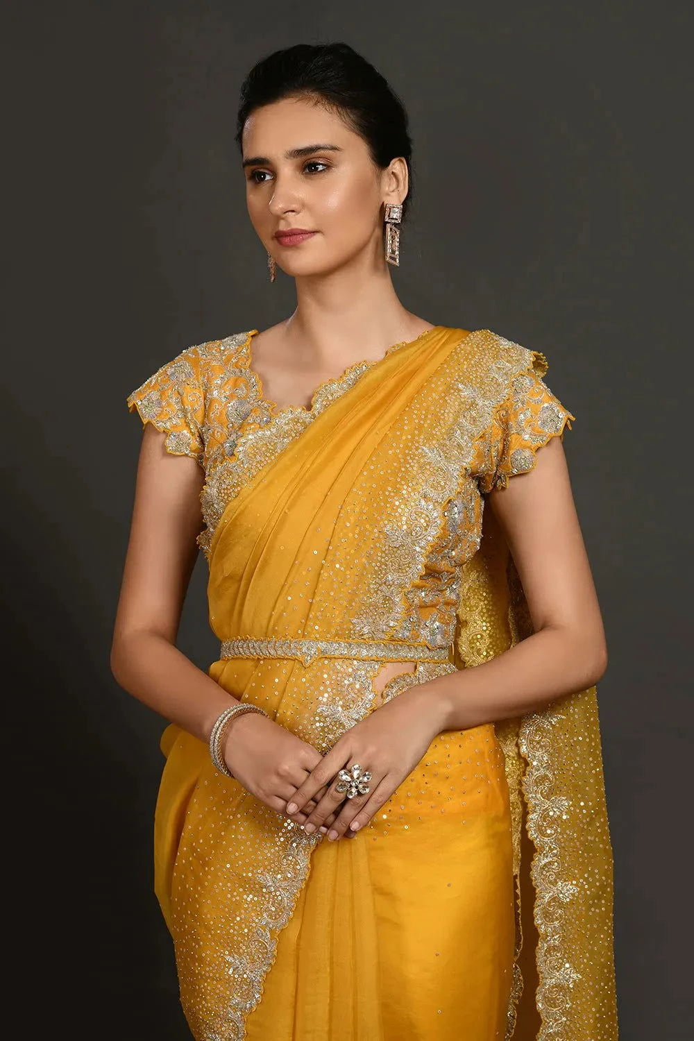 Yellow Embriodered Organza Saree - Pallodstore