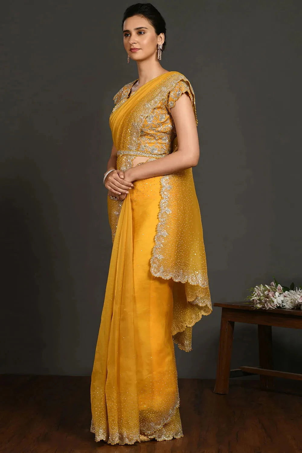 Yellow Embriodered Organza Saree - Pallodstore