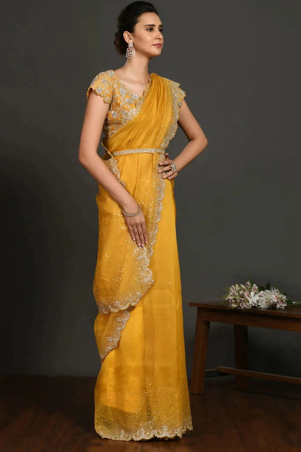 Yellow Embriodered Organza Saree - Pallodstore