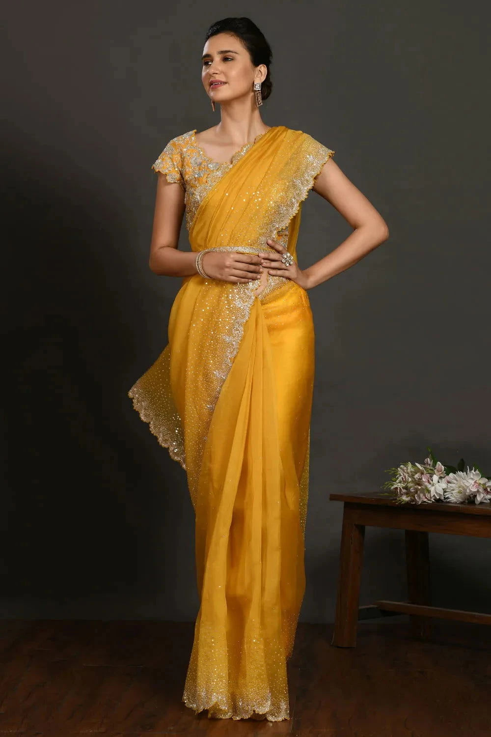 Yellow Embriodered Organza Saree - Pallodstore