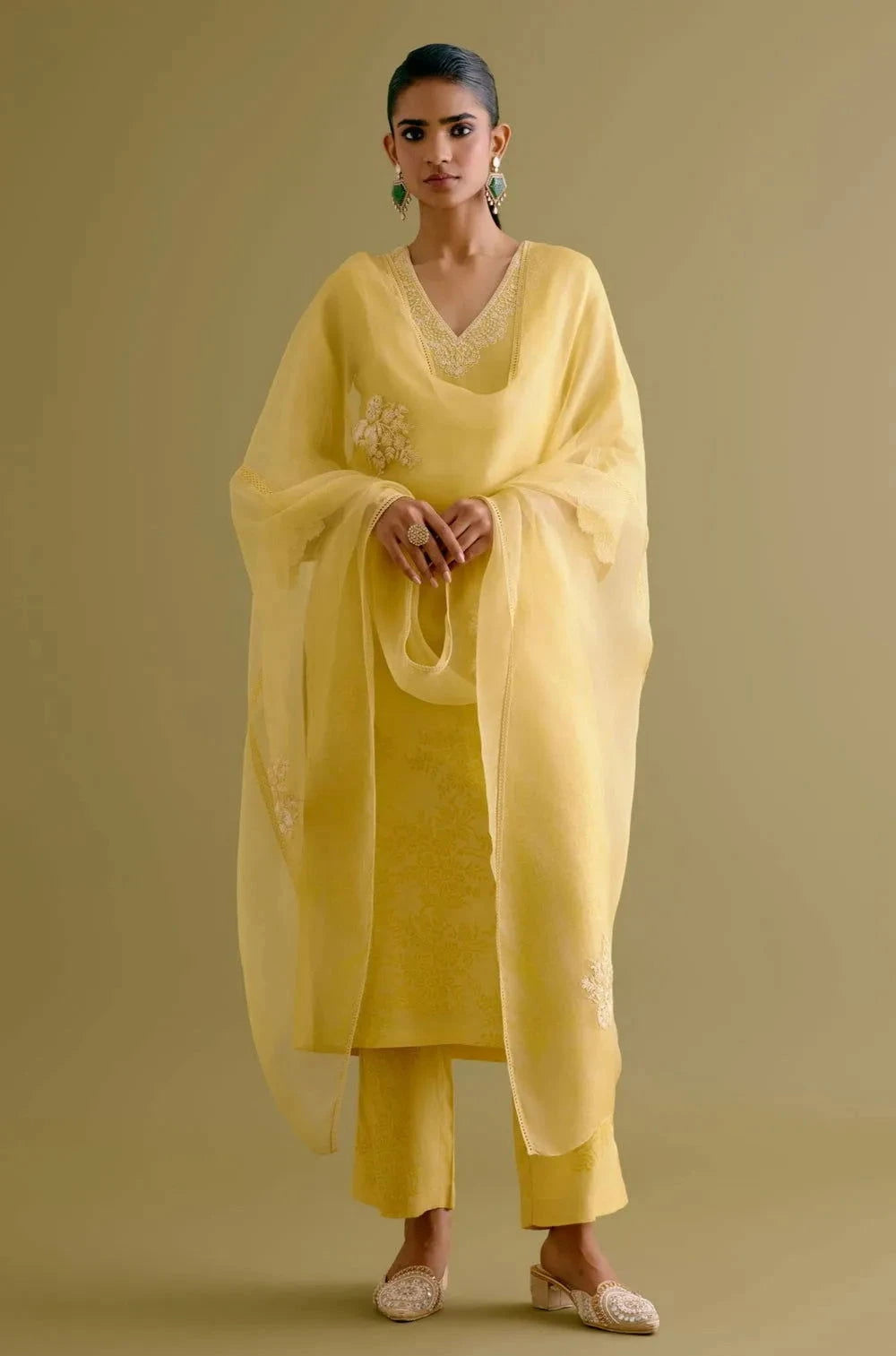 Yellow Silk Chanderi Dori Embroidered Kurta Set - Pallodstore