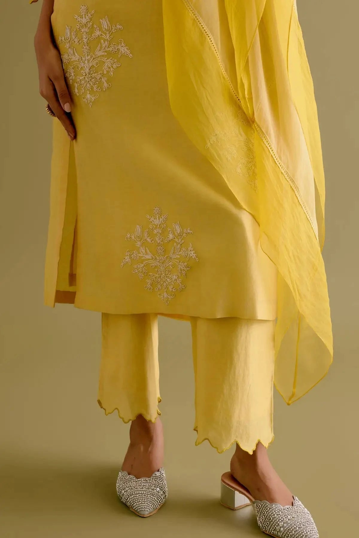 Yellow Silk Chanderi Dori Embroidered Kurta Set - Pallodstore