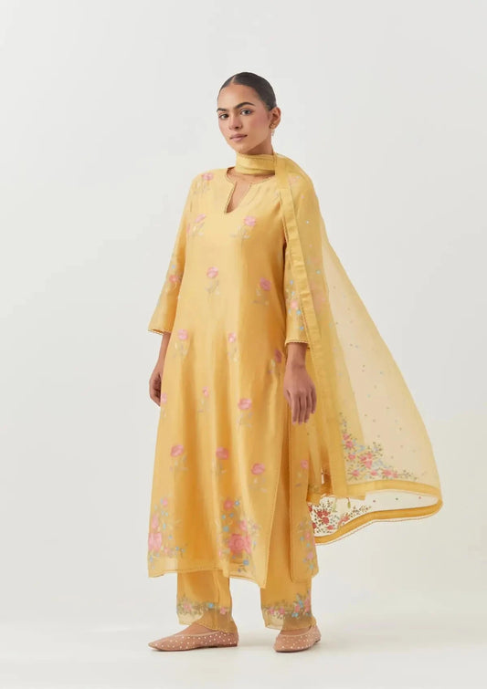 Yellow Silk Chanderi Straight Kurta Set - Pallodstore