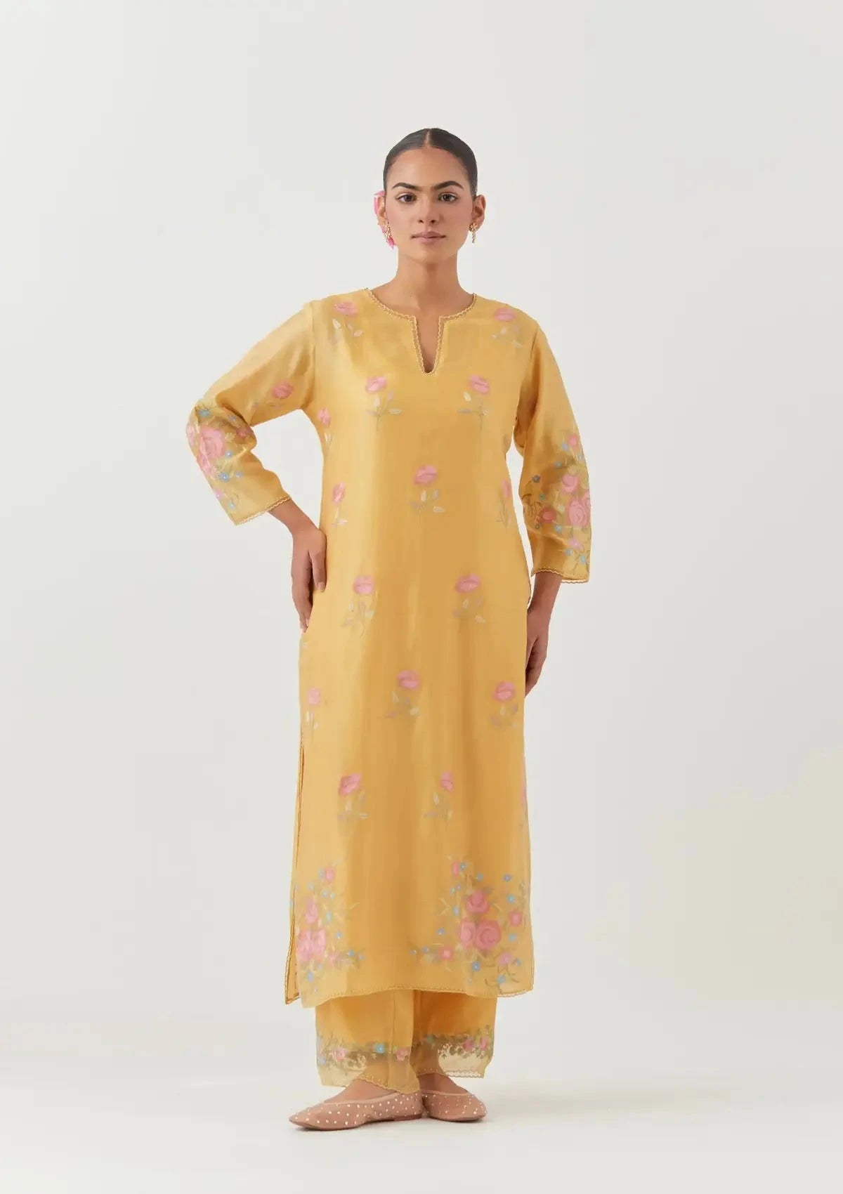 Yellow Silk Chanderi Straight Kurta Set - Pallodstore