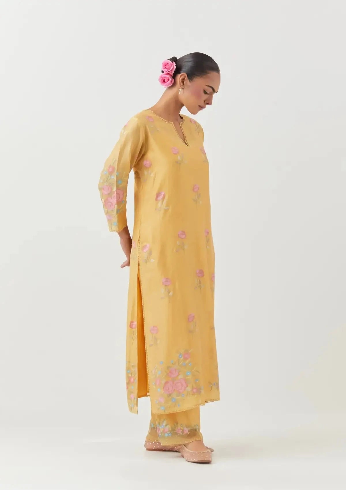 Yellow Silk Chanderi Straight Kurta Set - Pallodstore