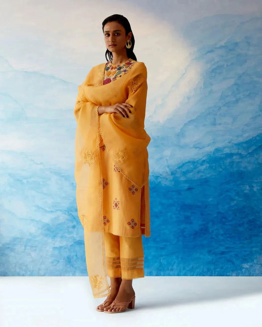 Yellow Straight Kurta With Organza Details Pants - Pallodstore
